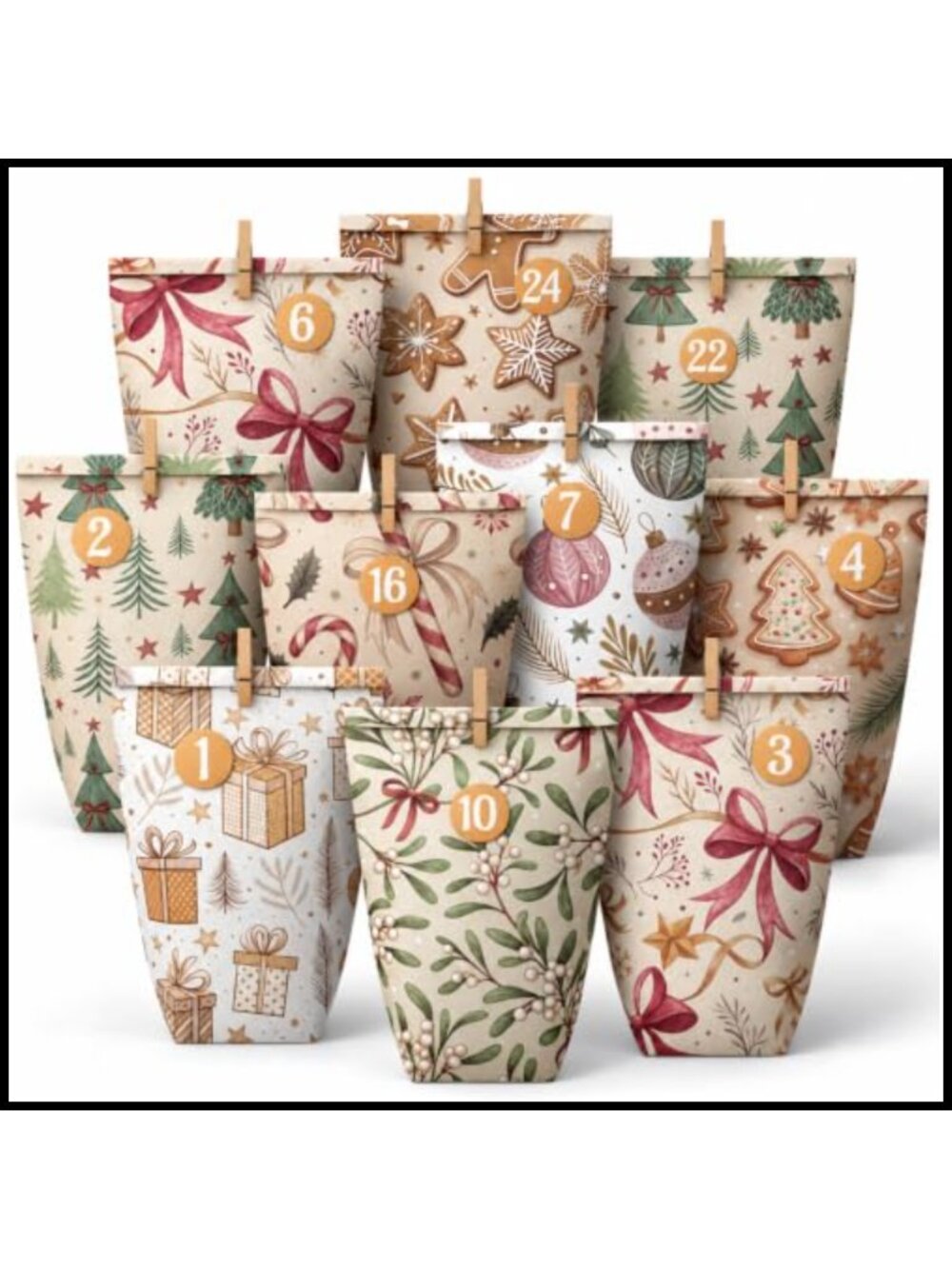 DIY Advent Calendar to Fill 24 Bags Stickers Clips Rope Christmas Countdown